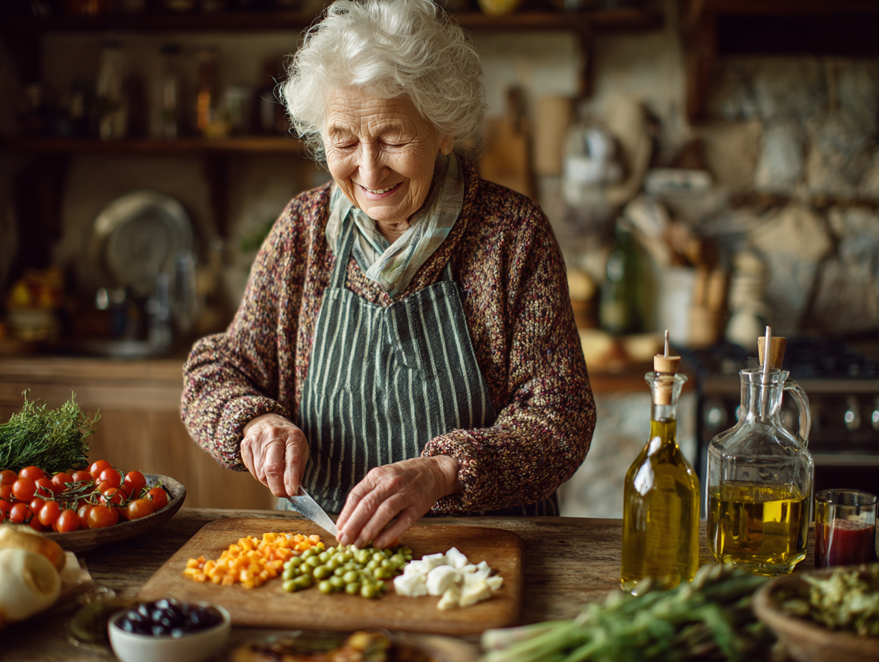 Diverse group of seniors engaged in a creative cooking class, preparing colorful, nutritious meals together in a bright kitchen